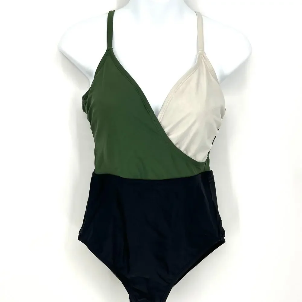 Kona Sol Color Block One Piece Adjustable Strap Bathing Suit Built in Bra Size M